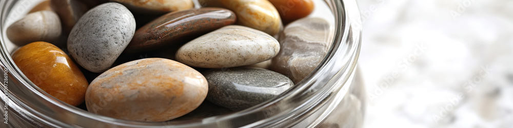 A clear glass jar, filled with smooth river stones, on a white marble countertop. A clear glass jar, filled with smooth river stones, on a white marble countertop.