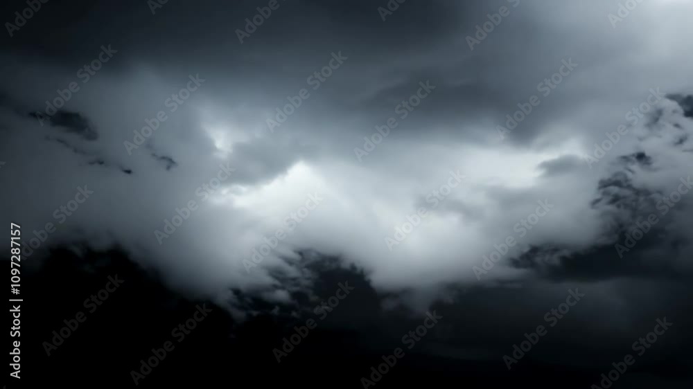 Ominous dark clouds filling the sky with shades of grey and black. Representation of stormy weather, natural phenomena, and mystery. Perfect for motion background.