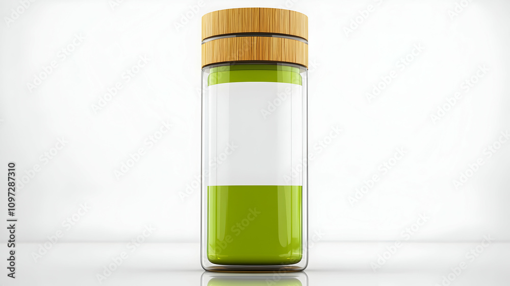 Glass jar with bamboo lid, filled with green liquid and blank label, isolated on white background. Glass jar with bamboo lid, filled with green liquid and blank label, isolated on white background.