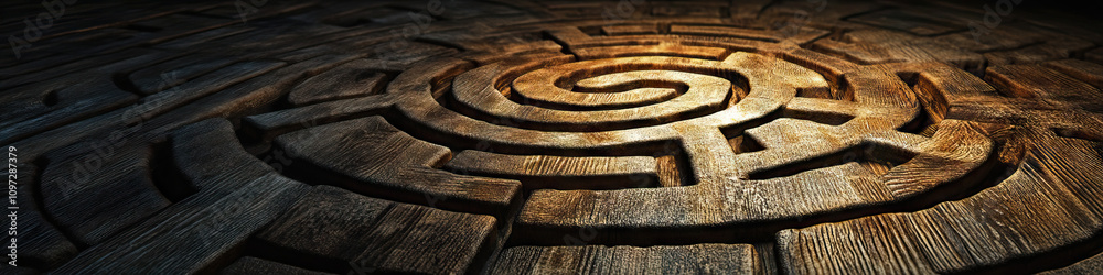 Labyrinth: A twisting maze of string, laid out on a dark wooden floor, leading to an unseen center. Labyrinth: A twisting maze of string, laid out on a dark wooden floor, leading to an unseen center.