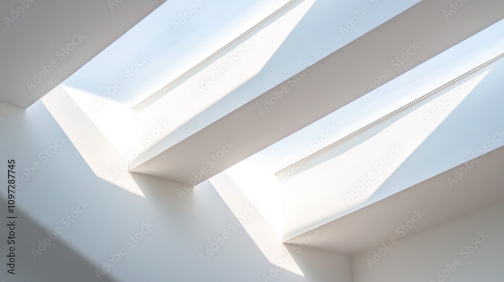 A modern skylight design casting soft light onto a minimalist ceiling. A modern skylight design casting soft light onto a minimalist ceiling.
