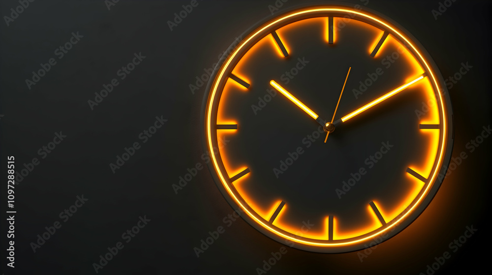 Glowing neon clock on dark background showing time. Glowing neon clock on dark background showing time.