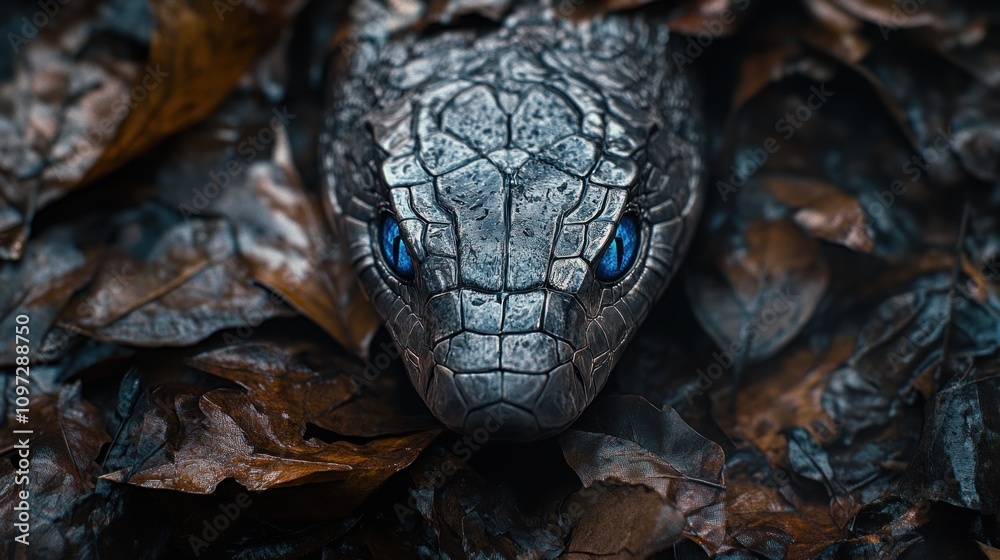 A close-up of a snake's head camouflaged among brown leaves, showcasing vivid blue eyes. A close-up of a snake's head camouflaged among brown leaves, showcasing vivid blue eyes.