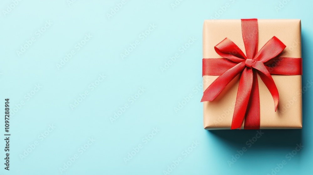 A beautifully wrapped gift box with a red ribbon on a light blue background. A beautifully wrapped gift box with a red ribbon on a light blue background.