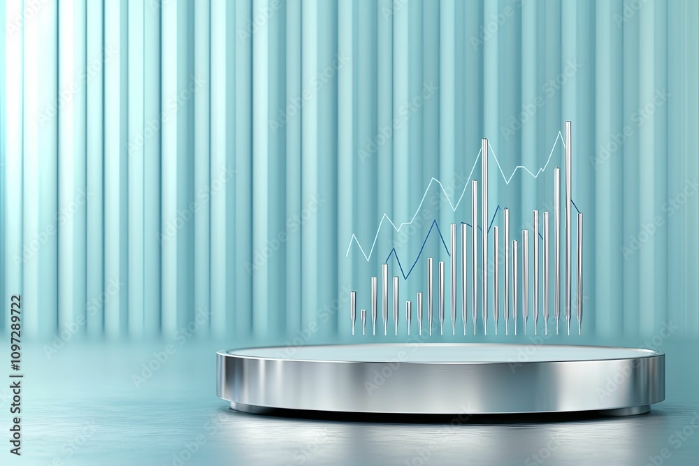 Elegant Professionalism Money Interest Rates Market Trends Deep Blue and Silver Podium, front view focus, showcasing sleek surfaces and vibrant line graphs for effective product presentations. Elegant Professionalism Money Interest Rates Market Trends Deep Blue and Silver Podium, front view focus, showcasing sleek surfaces and vibrant line graphs for effective product presentations.
