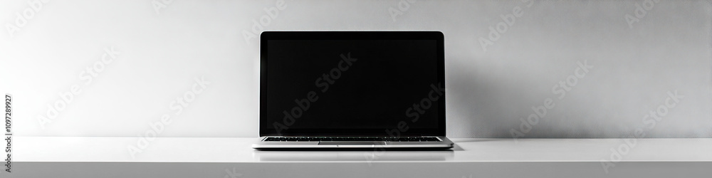 A sleek, black laptop, standing alone on a pristine white desk. A sleek, black laptop, standing alone on a pristine white desk.