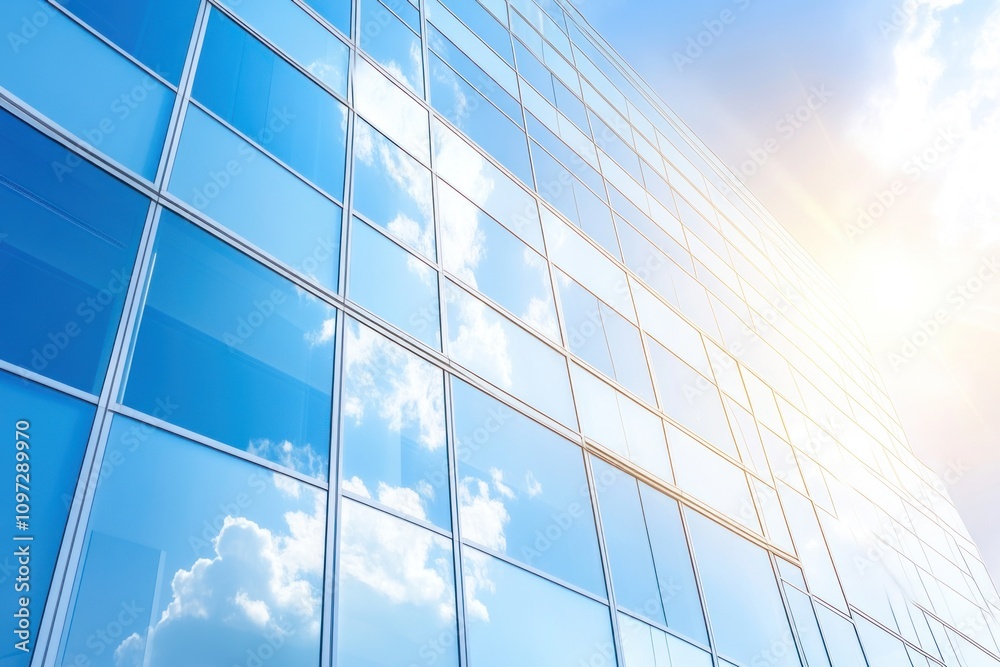 A modern glass building reflecting clouds and sunlight against a blue sky. A modern glass building reflecting clouds and sunlight against a blue sky.