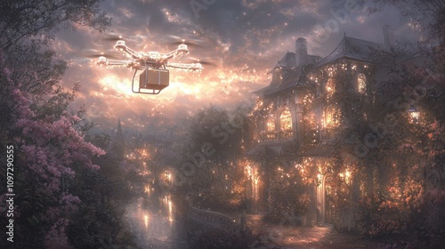 Mystical drone delivery in twilight garden with illuminated house photo