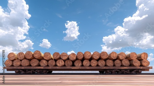 Lumber train against blue sky with clouds: wooden logs transported on railroad cars