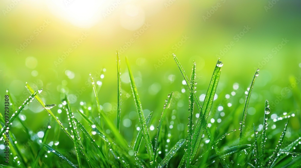 Obraz premium Fresh dewdrops on lush green grass morning mist nature scene tranquil landscape closeup view travel inspiration