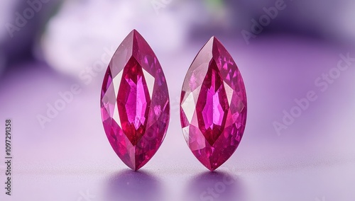 Two pink gemstones with a marquise cut displayed on a soft background.