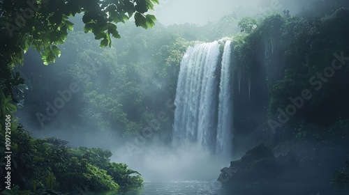 Majestic waterfall scene lush rainforest nature landscape photography serene environment side view concept for travel enthusiasts