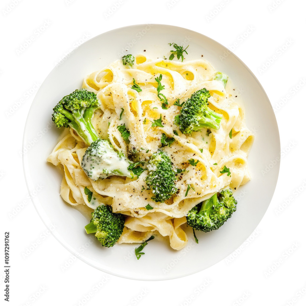 Plate of Fettuccine Alfredo with Broccoli Isolated on a Transparent Background Plate of Fettuccine Alfredo with Broccoli Isolated on a Transparent Background