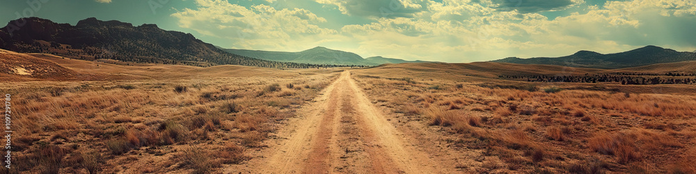 A dusty trail stretches through the sparse landscape. A dusty trail stretches through the sparse landscape.