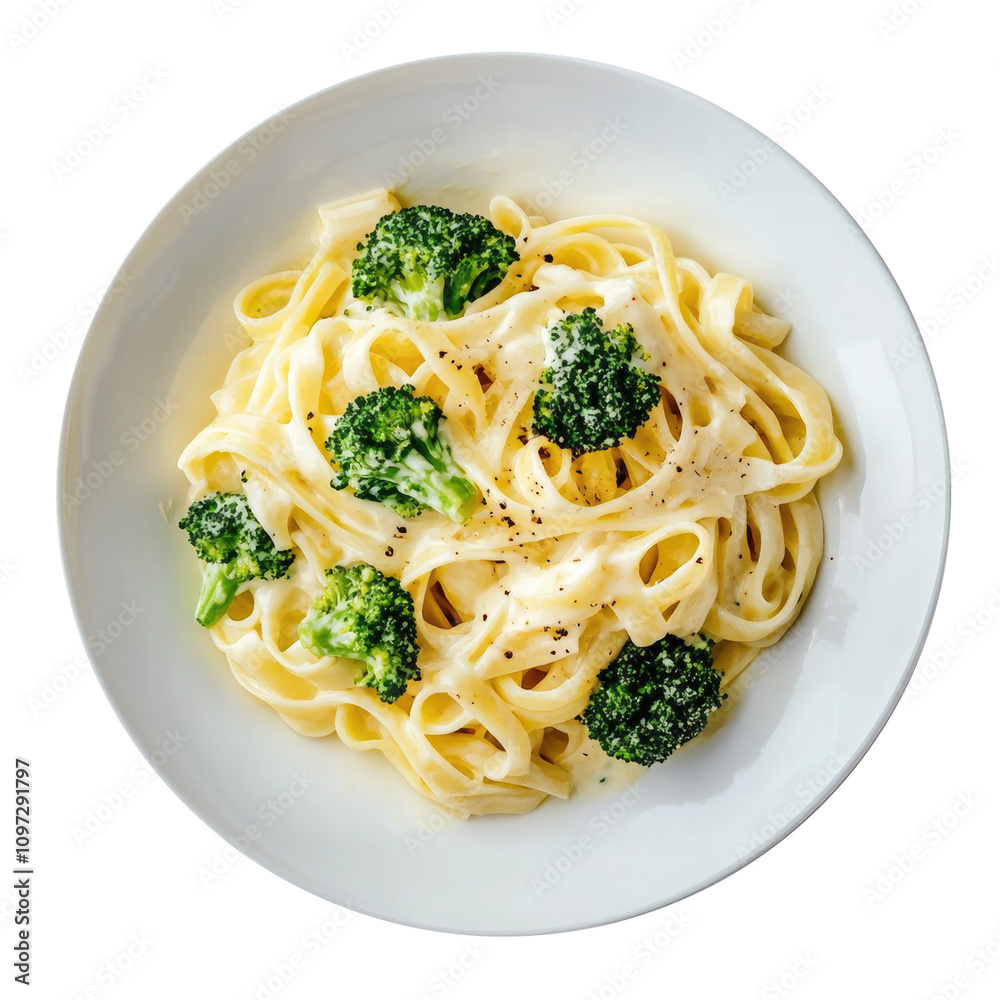 Plate of Fettuccine Alfredo with Broccoli Isolated on a Transparent Background Plate of Fettuccine Alfredo with Broccoli Isolated on a Transparent Background