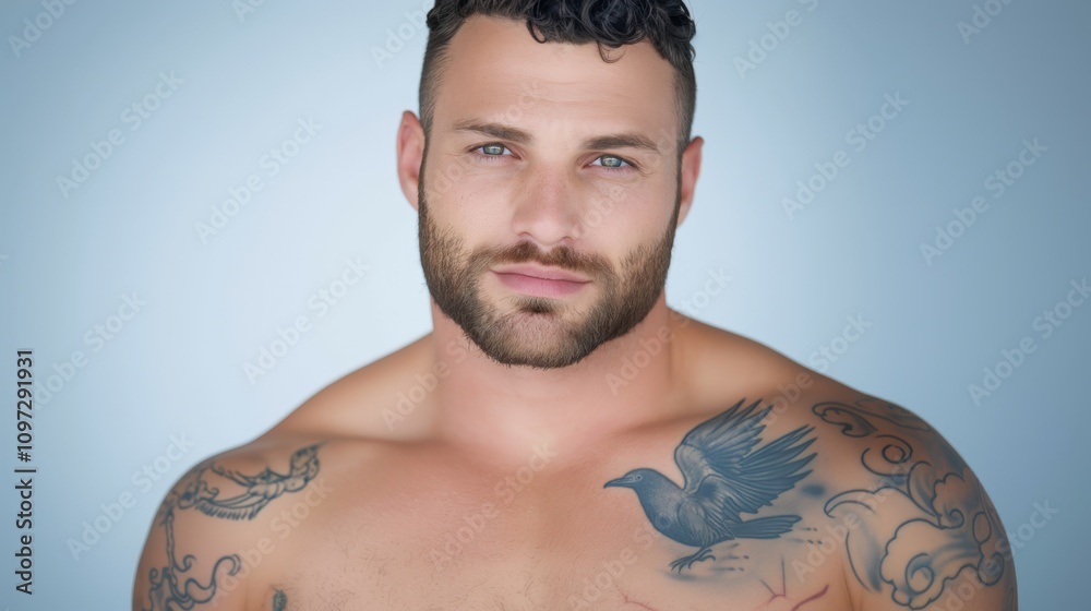 Fototapeta premium Tattooed man with intense gaze and sky blue background