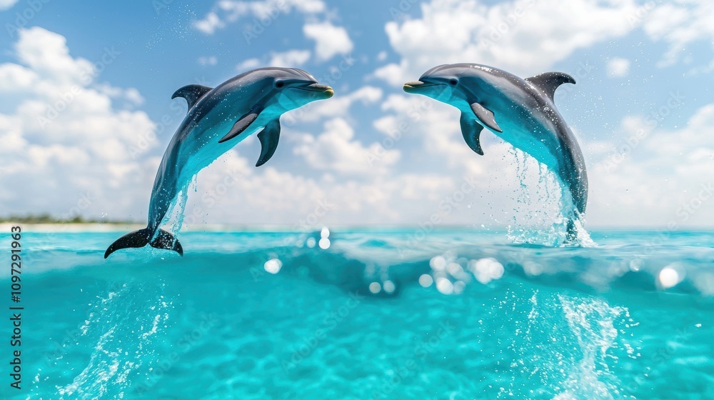 Fototapeta premium A pair of playful dolphins leaping out of the ocean waves in perfect unison, their sleek bodies glistening in the sunlight.
