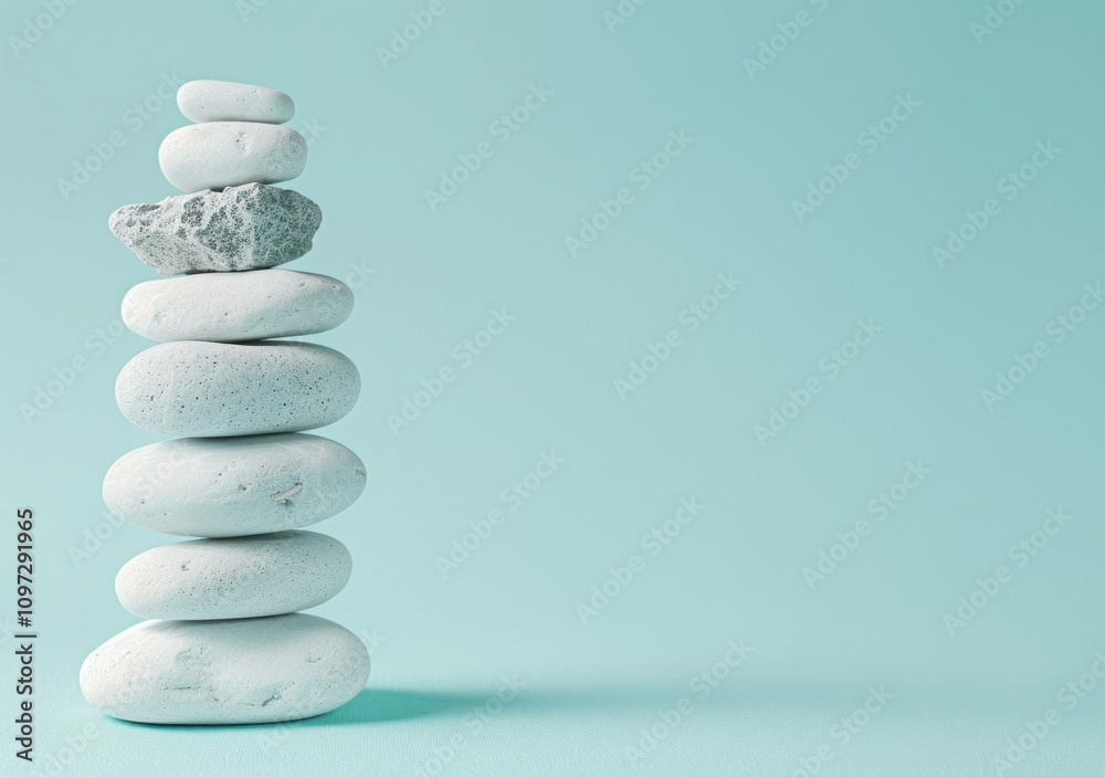 Balanced stack of smooth white stones on a soft turquoise background, symbolizing harmony and tranquility. Zen concept with a minimalist aesthetic. Balanced stack of smooth white stones on a soft turquoise background, symbolizing harmony and tranquility. Zen concept with a minimalist aesthetic.