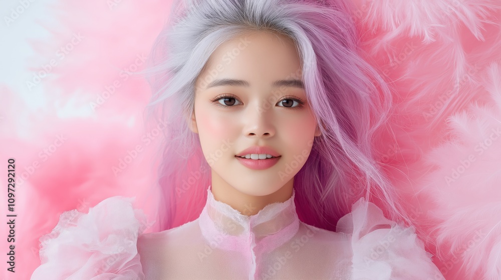 Dreamy pastel portrait: woman with pink hair among feathers Dreamy pastel portrait: woman with pink hair among feathers