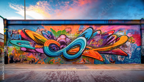 A vibrant and energetic street art mural featuring an explosion of colors including turquoise, orange, pink, and yellow in an abstract, graffiti-style design painted on a wall.	