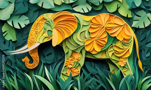 Colorful paper elephant in lush foliage, intricate design, vibrant colors, layered textures, artistic representation, nature-inspired, tropical theme photo