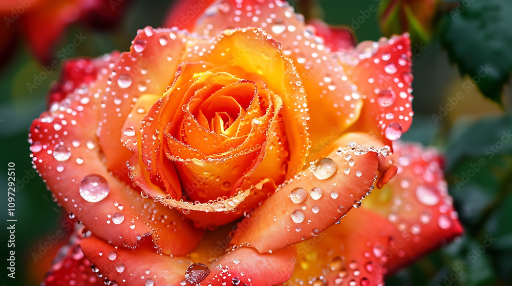 Vibrant Orange and Yellow Rose with Dew Drops Sparkling After Rain, Showing Nature’s Beauty and Intricate Petal Details in a Close-Up View Vibrant Orange and Yellow Rose with Dew Drops Sparkling After Rain, Showing Nature’s Beauty and Intricate Petal Details in a Close-Up View