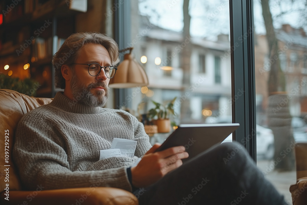 An employee sitting by a large window, sipping coffee while reviewing documents on a tablet in a minimalist workspace An employee sitting by a large window, sipping coffee while reviewing documents on a tablet in a minimalist workspace