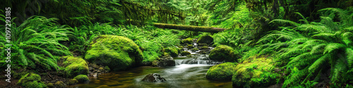 Vibrant Forest: The vivid greens of moss-covered trees and ferns surround a trickling stream, inviting visitors to explore the lush natural beauty of Oregon's forests.