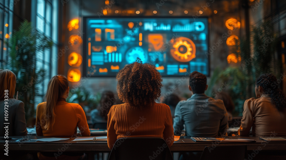 A team huddled around a projector, watching a dynamic marketing presentation on a large screen A team huddled around a projector, watching a dynamic marketing presentation on a large screen