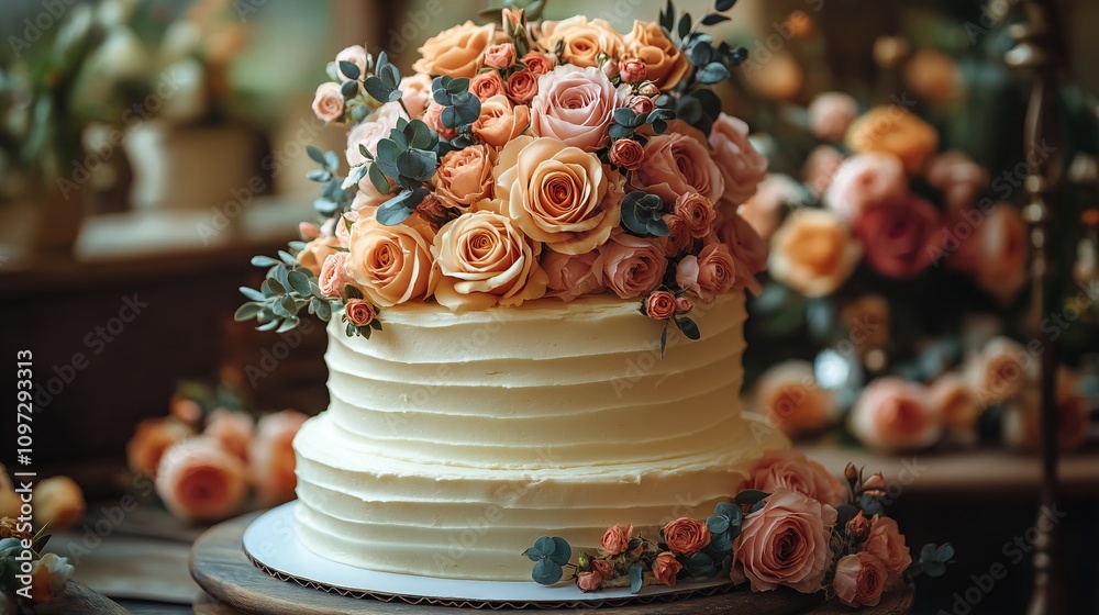 Elegant Floral Wedding Cake with Rose Decorations Elegant Floral Wedding Cake with Rose Decorations