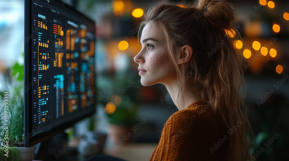 An employee working at a standing desk setup with a large monitor displaying colorful project timelines An employee working at a standing desk setup with a large monitor displaying colorful project timelines