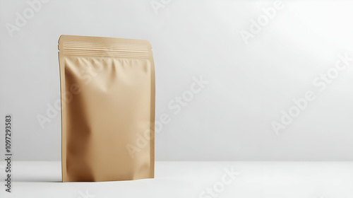 Kraft paper stand-up pouch on white background.