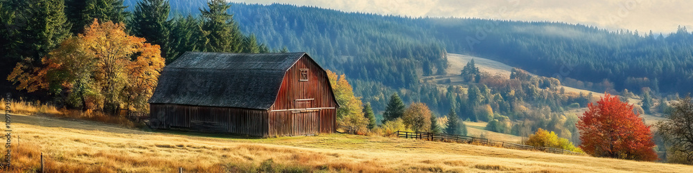 An ancient barn stands as a testament to the resilience of the Oregon countryside, framed by towering trees and rolling hills. An ancient barn stands as a testament to the resilience of the Oregon countryside, framed by towering trees and rolling hills.