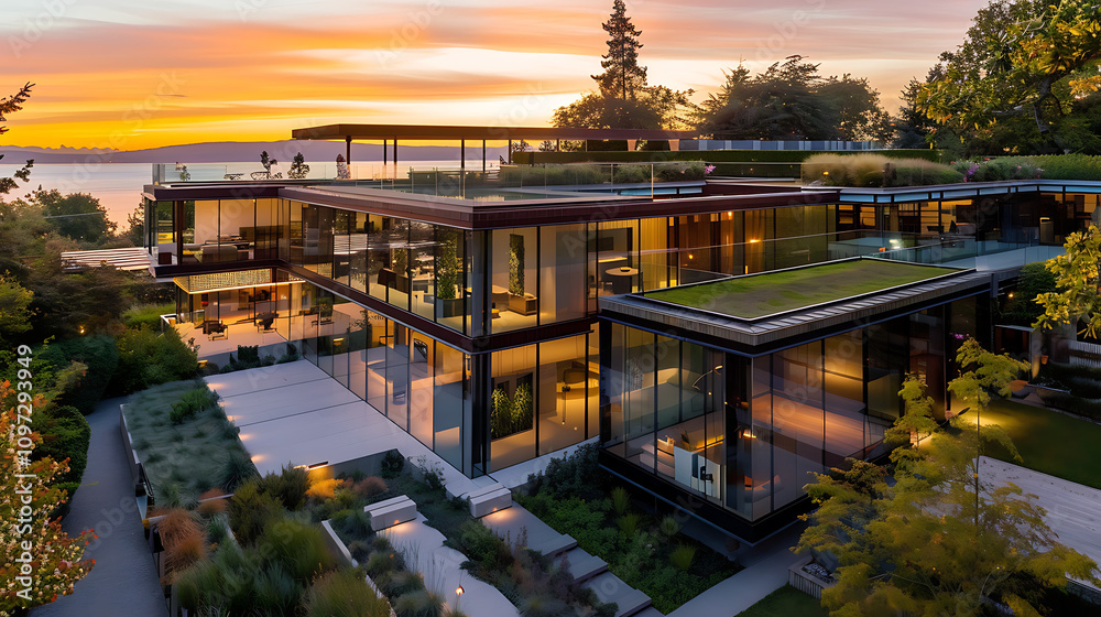 Fototapeta premium Modern Coastal Home at Sunset with Expansive Glass Facades Surrounded by Lush Landscaping and Tranquil Water View
