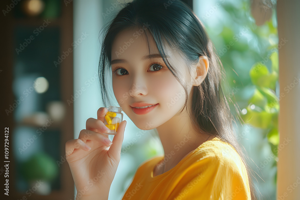 Young woman holding a bottle of yellow capsules in a bright indoor setting with greenery Young woman holding a bottle of yellow capsules in a bright indoor setting with greenery