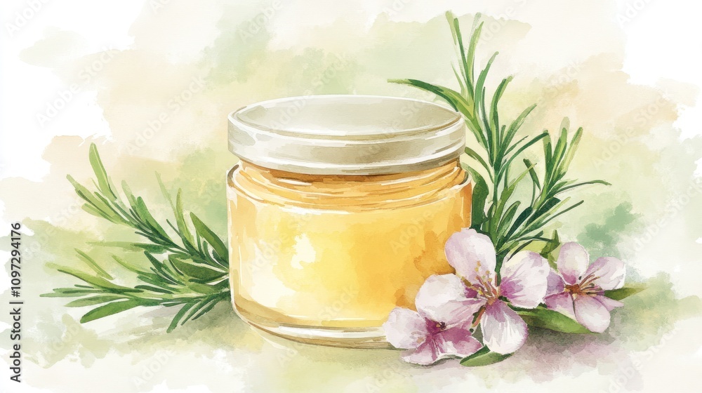 Watercolor Painting of Honey Jar with Rosemary and Flowers Watercolor Painting of Honey Jar with Rosemary and Flowers