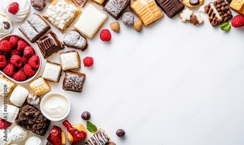 Assorted desserts and sweets, featuring raspberries, cookies, and chocolates. Variety of textures and flavors displayed on white background.