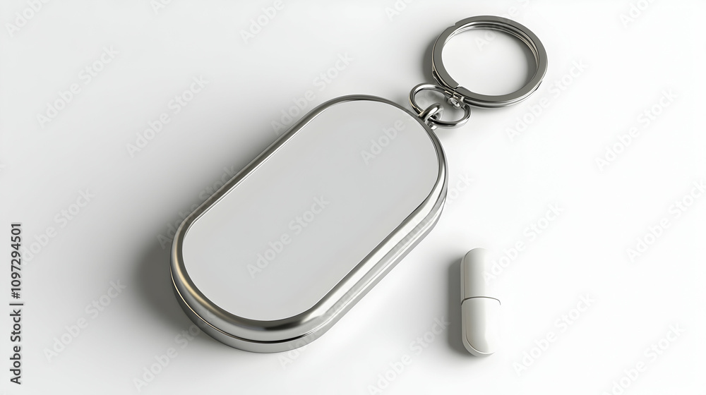 Metal pill case keychain with a single pill on a white background. Metal pill case keychain with a single pill on a white background.