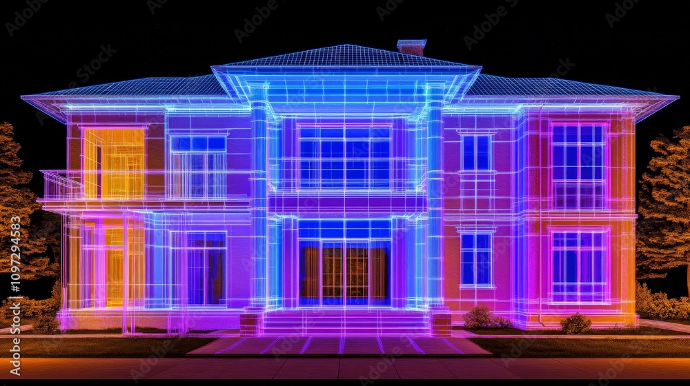 Large glowing mansion in neon purple and pink, symbolizing luxury housing, advanced digital architecture, and futuristic real estate development