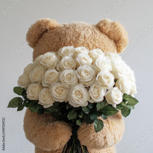 27w fluffy and realistic teddy bear with a large bouquet of white roses that he holds in his hands in front of his face, the bouquet covers most of his face, white background  photo