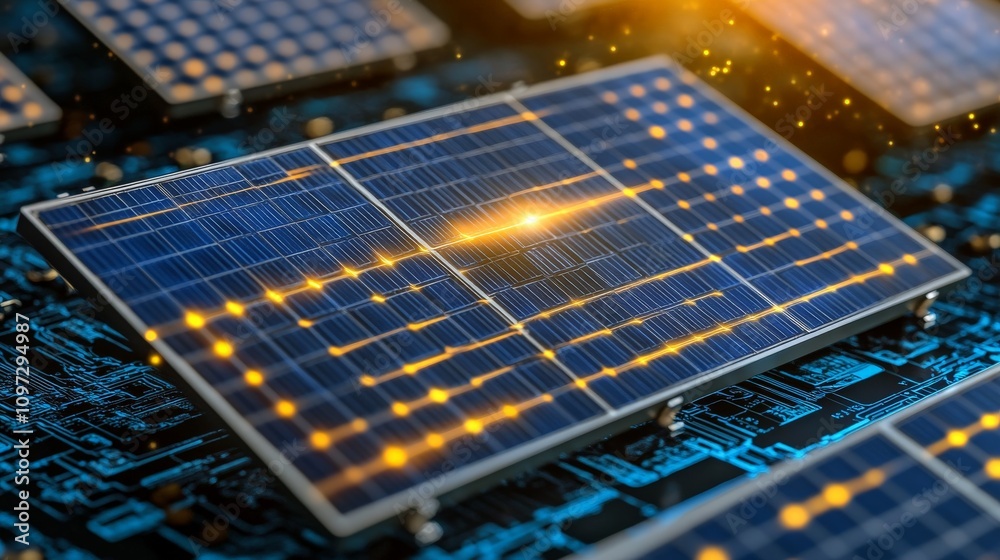 Array of solar panels reflecting soft golden light, symbolizing energy efficiency, clean energy technology, and advancements in renewable power Array of solar panels reflecting soft golden light, symbolizing energy efficiency, clean energy technology, and advancements in renewable power