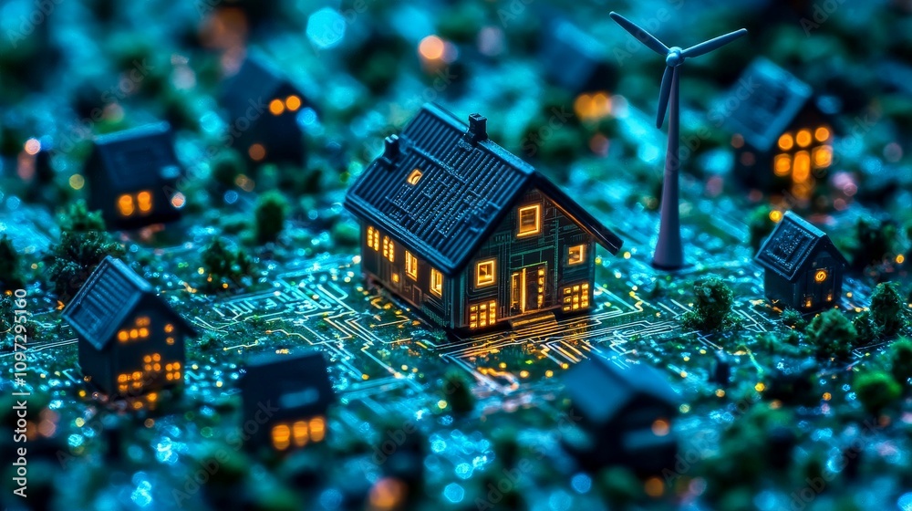 Miniature smart homes powered by wind turbines on a digital circuit board, showcasing innovative renewable energy systems and interconnected urban infrastructure Miniature smart homes powered by wind turbines on a digital circuit board, showcasing innovative renewable energy systems and interconnected urban infrastructure