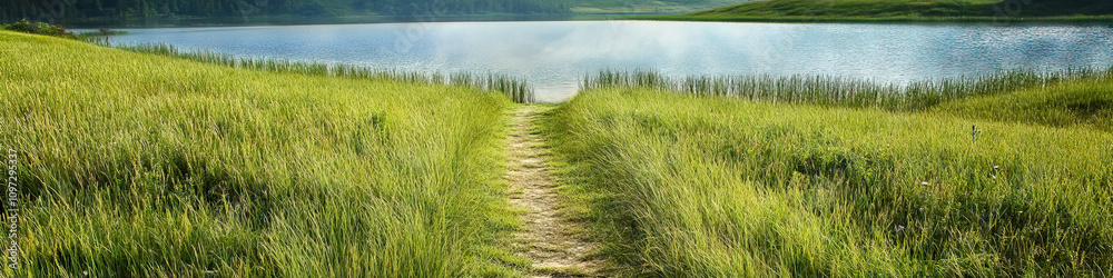 A pristine path through a grassy field, leading to a tranquil lake. A pristine path through a grassy field, leading to a tranquil lake.
