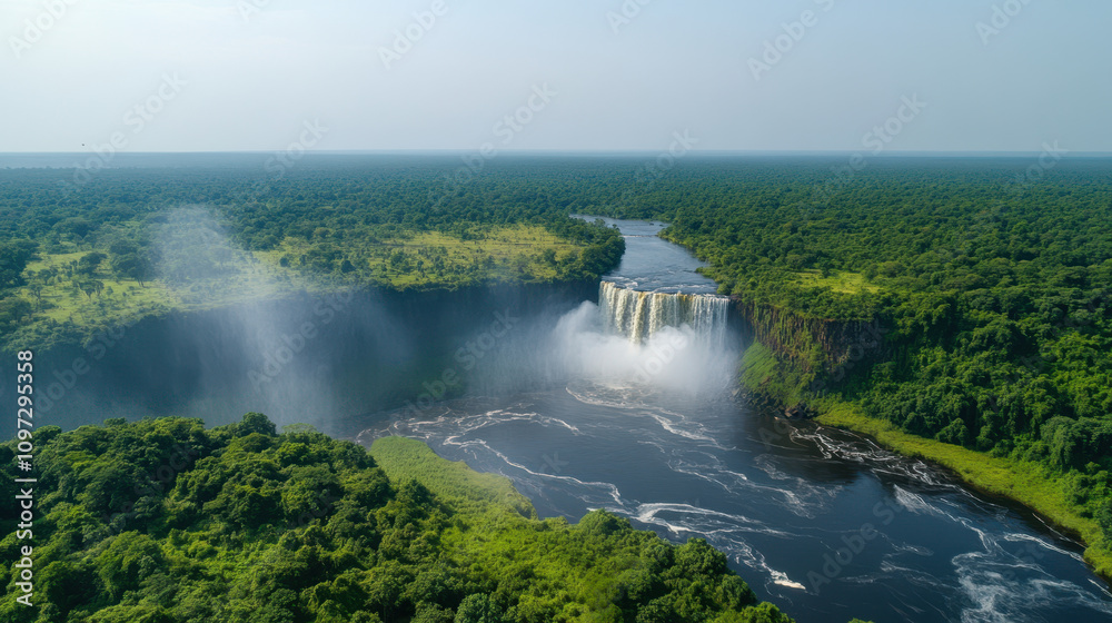 Enormous waterfall plunging into misty canyon surrounded by lush greenery, creating breathtaking natural spectacle. vibrant landscape enhances serene atmosphere Enormous waterfall plunging into misty canyon surrounded by lush greenery, creating breathtaking natural spectacle. vibrant landscape enhances serene atmosphere
