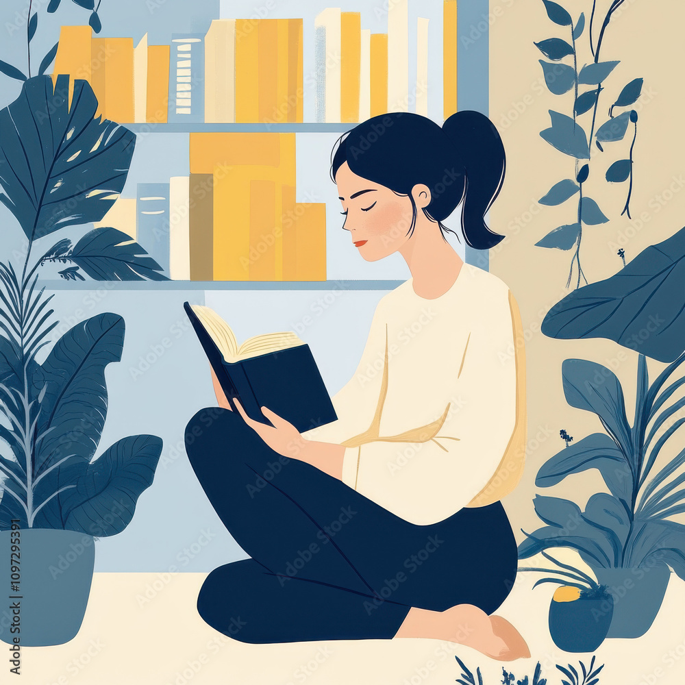 A woman reading a book, Minimalist illustration, flat illustrations, Blue and white and yellow tones dominate 