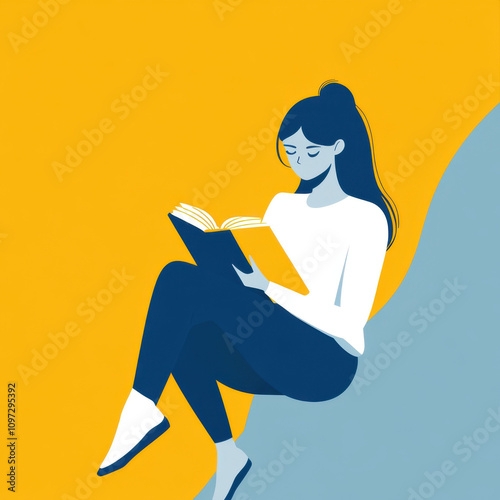 A woman reading a book, Minimalist illustration, flat illustrations, Blue and white and yellow tones dominate