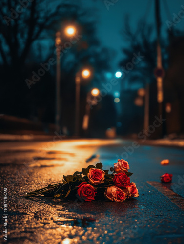 late night city night, street lamp, a huge bouquet of roses lies on the road, huge rose bouquet, lonely and sad emotional atmosphere, wide angle photoing, professional photography,