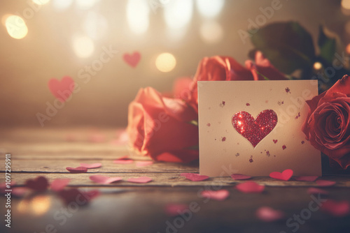 Photorealistic image of a Valentine's card with an artistic design, placed on a wooden table with scattered love confetti, warm lighting creating a cozy atmosphere, 