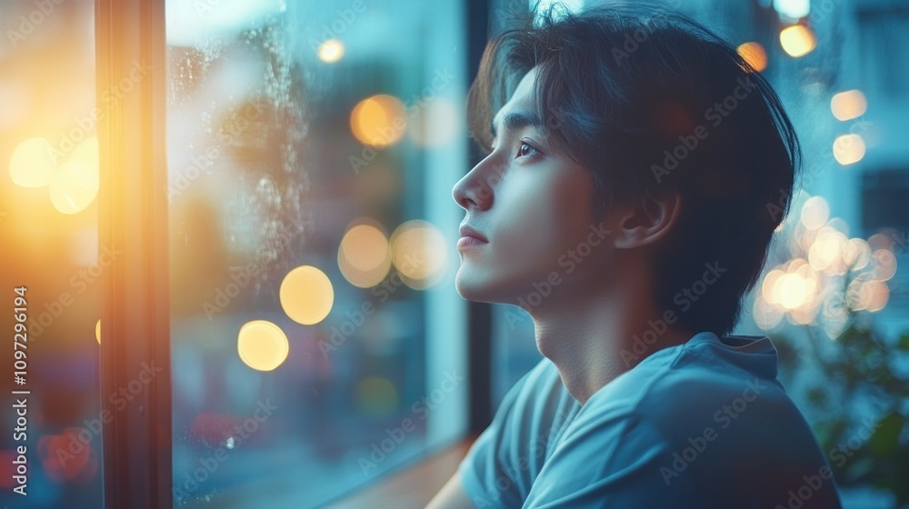 Contemplative Gaze: A Young Man Lost in Thought by a Window at Night Contemplative Gaze: A Young Man Lost in Thought by a Window at Night