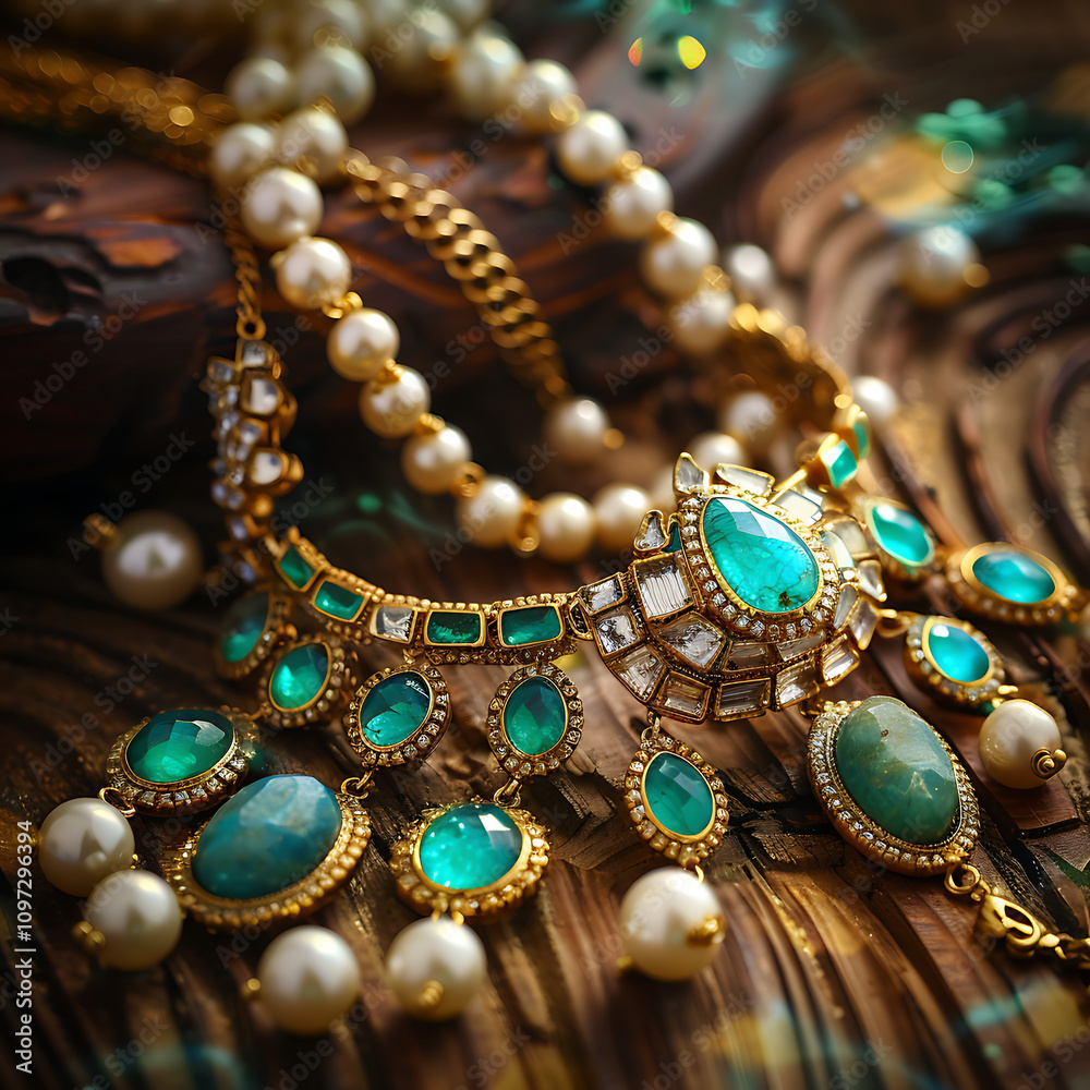 Exquisite Turquoise and Pearl Jewelry Set with Intricate Design on Wooden Surface, Perfect for Fashion Photography and Creative Displays Exquisite Turquoise and Pearl Jewelry Set with Intricate Design on Wooden Surface, Perfect for Fashion Photography and Creative Displays